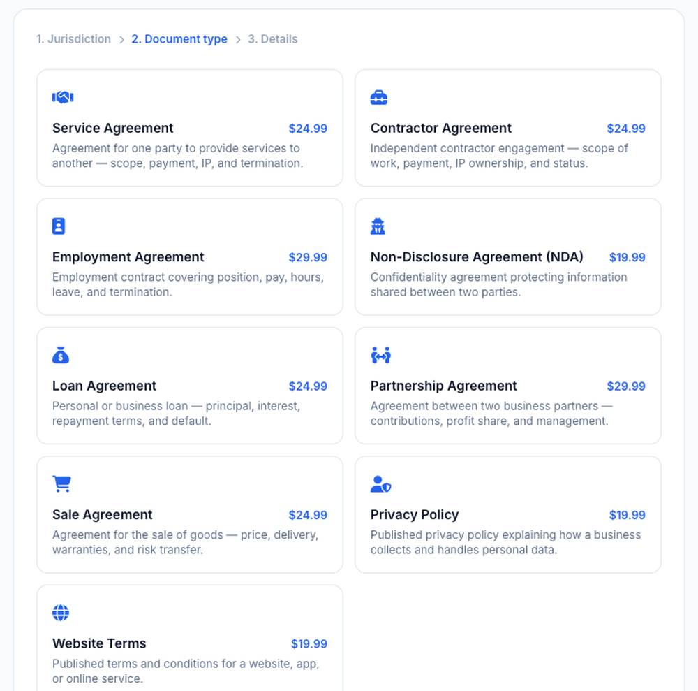 The Contract Draft document type picker, showing nine contract and policy types with prices from $19.99 to $29.99