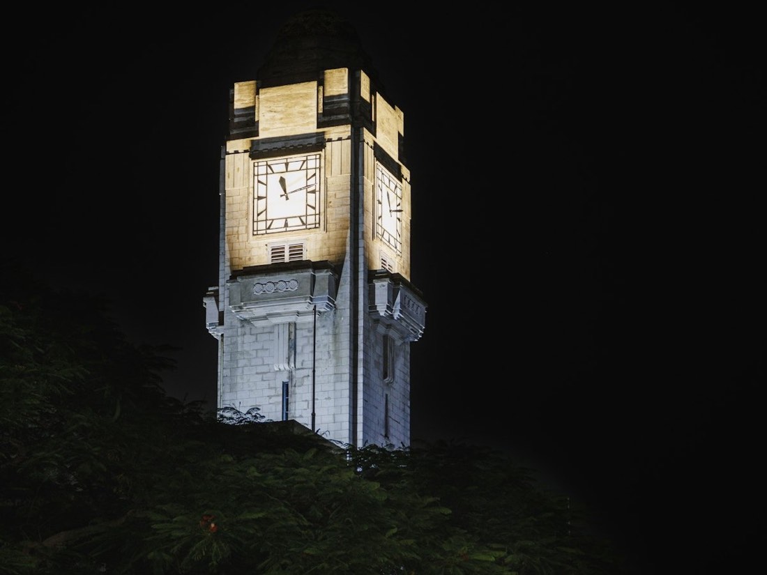 The Suva Clock Tower lit up at night in Suva, Fiji