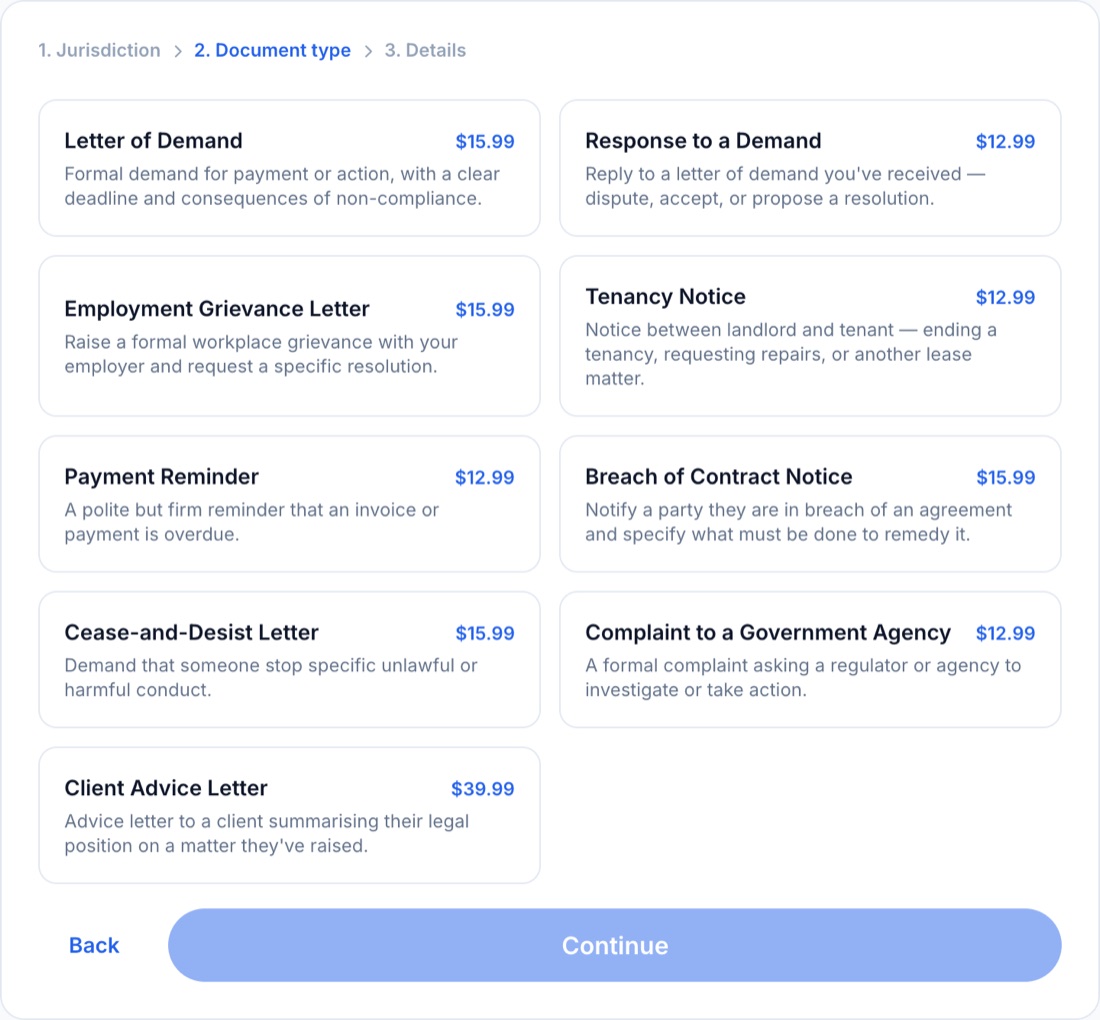 The Legal Letter Draft document type picker, showing nine letter types with prices from $12.99 to $39.99