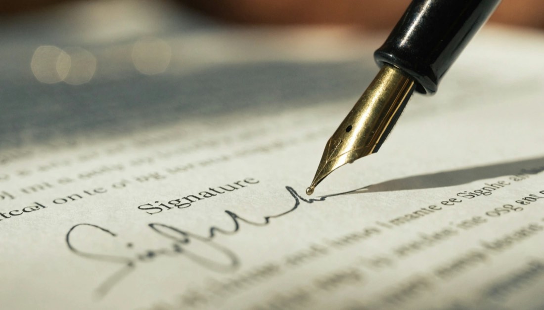 A fountain pen signing a document