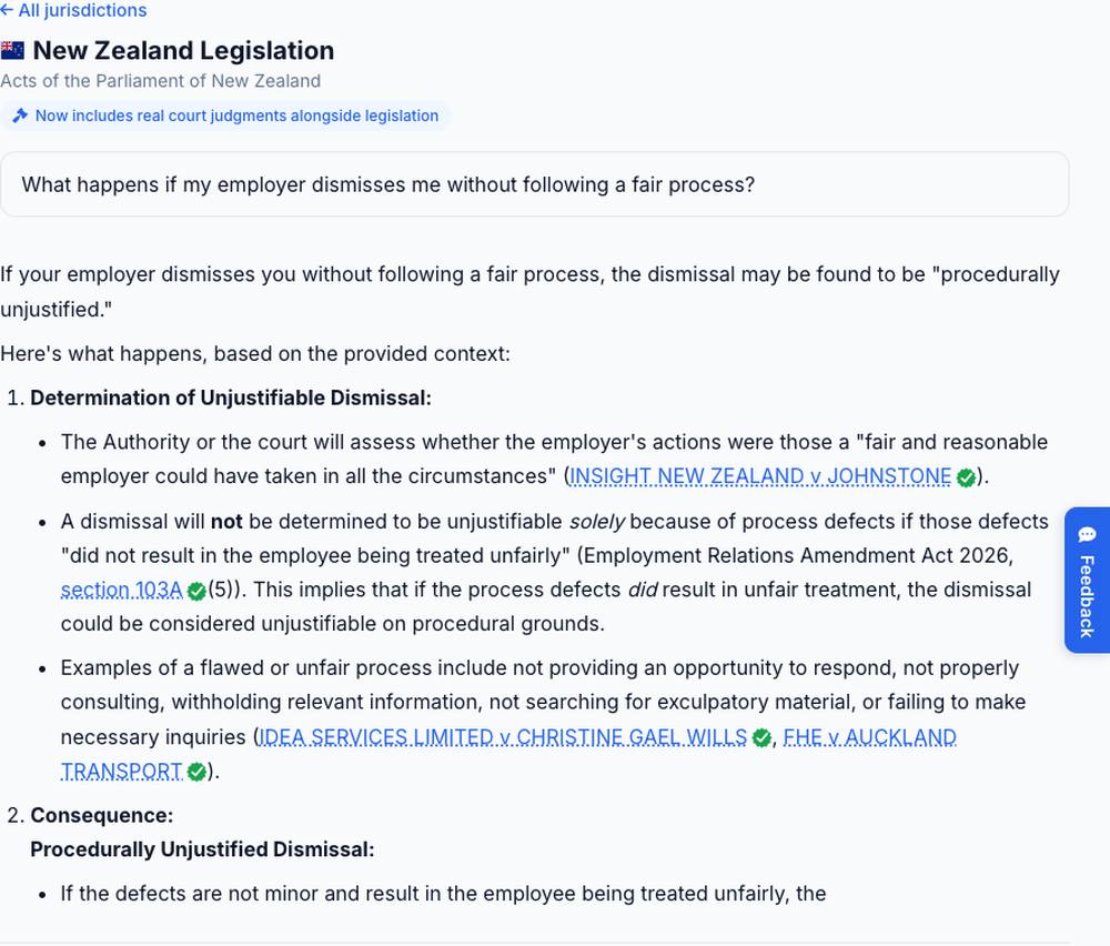 CitedAnswers answering a New Zealand employment law question, citing both the Employment Relations Amendment Act 2026 and three real Employment Court judgments